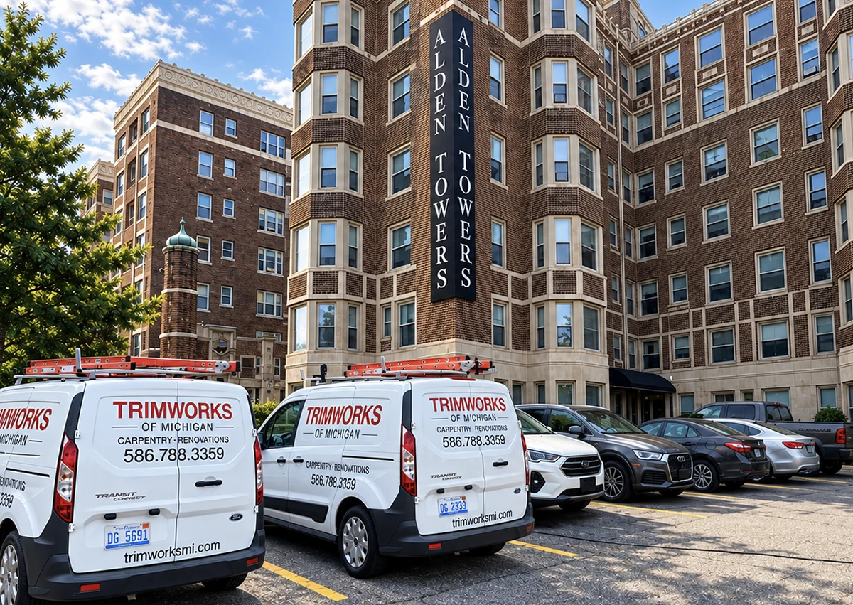 TRIMWORKS work vans at a residential project